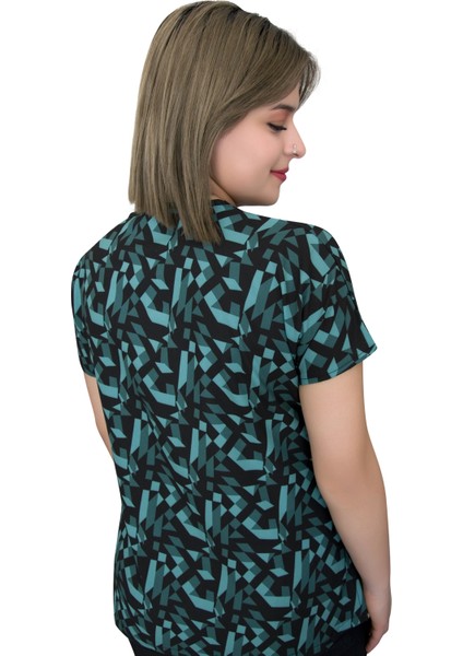 Yeşil Geometrik Desenli Kadın-Erkek Cerrahi Doktor Hemşire Tek Üst Forma