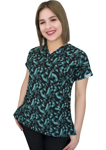 Yeşil Geometrik Desenli Kadın-Erkek Cerrahi Doktor Hemşire Tek Üst Forma fiyatları