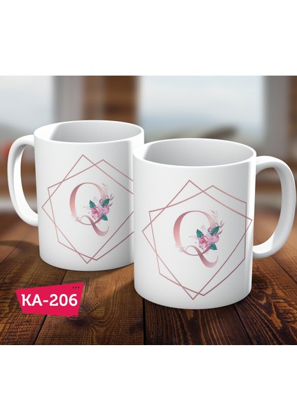 Q Harf Pink Rose Baskılı Hediyelik Kahve Kupa Bardak
