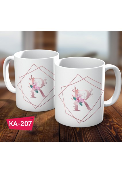 R Harf Pink Rose Baskılı Hediyelik Kahve Kupa Bardak