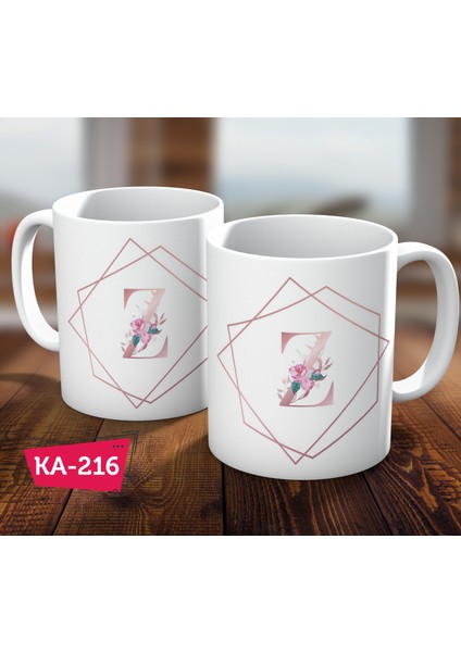Z Harf Pink Rose Baskılı Hediyelik Kahve Kupa Bardak