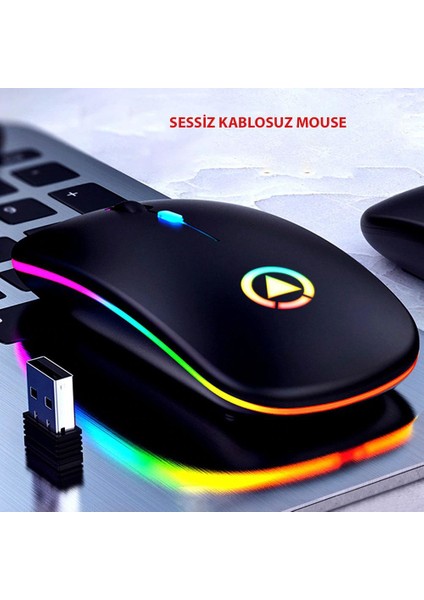 Şarj Edilebilir Kablosuz LED Işıklı Sessiz Optik Mouse