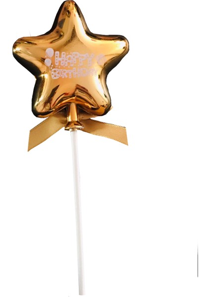 Pasta Süsü Plastik Yıldız Happy Birthday Gold Metalik 1 Adet 21 cm