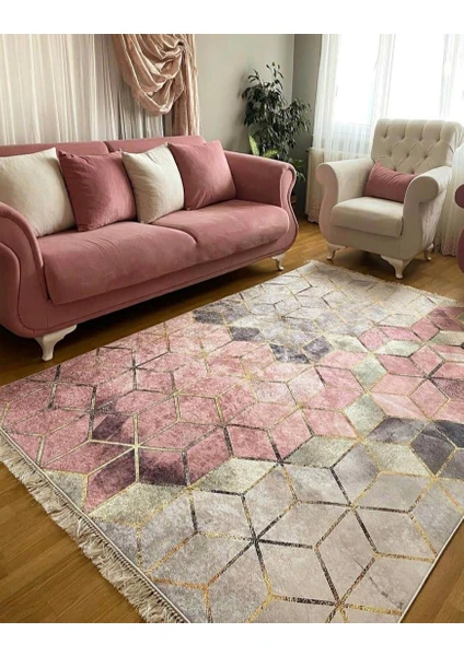 STY Home Küp Kaymaztabanlı Yıkanabilir Halı Kilim Yolluk Dijital Baskı Pembe