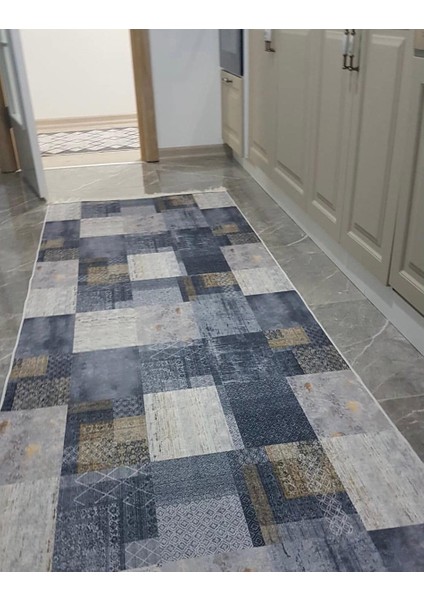 STY Home Vintage Kaymaztabanlı Yıkanabilir Halı Kilim Yolluk Dijital Baskı Gri