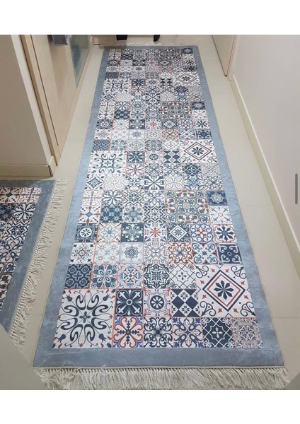 Elysiun Kaymaztabanlı Yıkanabilir Halı Kilim Yolluk Dijital Baskı Gri