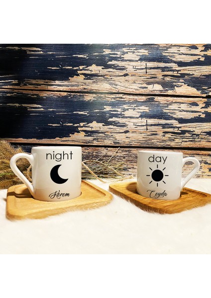 Kişiye Özel Isimli Day Night Baskılı 2li Bambu Kahve Fincanı 1225