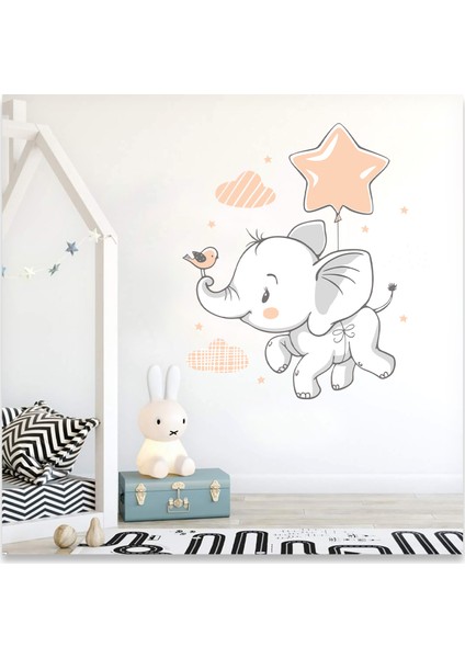 Sevimli Yavru Fil ve Serçe Yıldız Balonlar Çocuk Odası Duvar Sticker