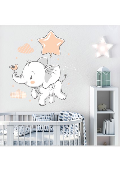 Sevimli Yavru Fil ve Serçe Yıldız Balonlar Çocuk Odası Duvar Sticker modelleri