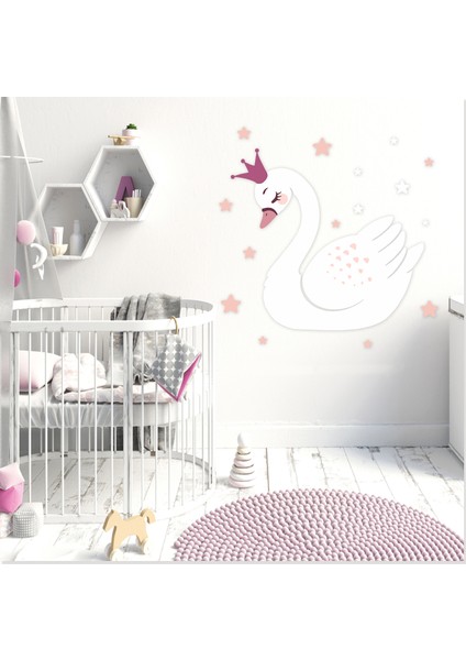 Beyaz Kuğu ve Pembe Yıldızlar Çocuk Odası Duvar Sticker