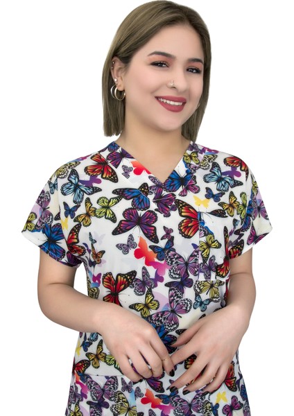 Mor Kelebekli Doktor Hemşire Hastane Cerrahi Tek Üst Forma