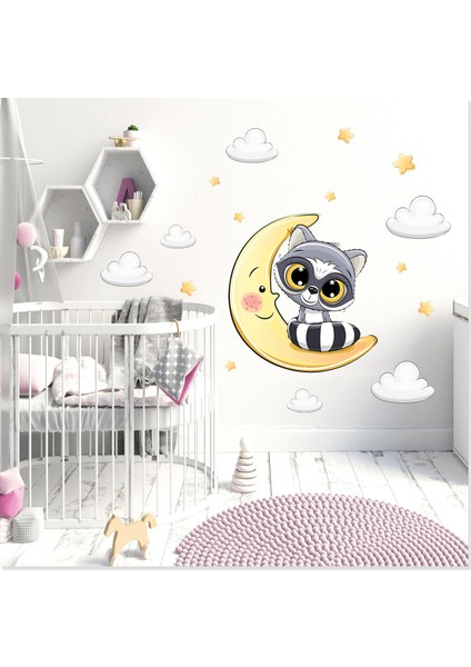 Sevimli Rakun ve Ay Yıldızlar ve Bulutlar Çocuk Odası Duvar Sticker