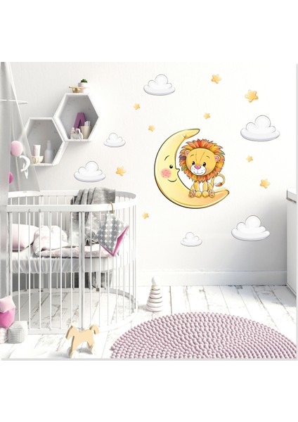 Sevimli Aslan ve Ay Yıldızlar ve Bulutlar Çocuk Odası Duvar Sticker