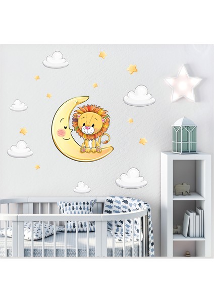 Sevimli Aslan ve Ay Yıldızlar ve Bulutlar Çocuk Odası Duvar Sticker fiyatları