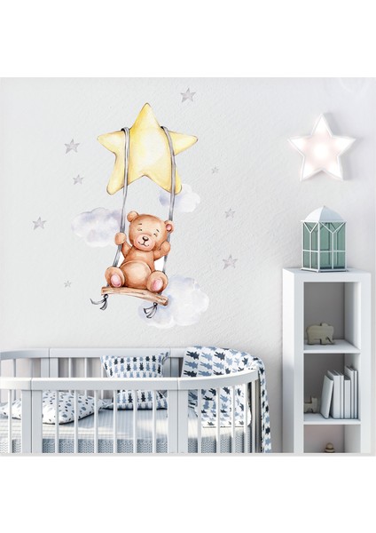 Bulutlar Yıldız ve Salıncakta Sallanan Sevimli Ayıcık Çocuk Odası Duvar Sticker fiyatları