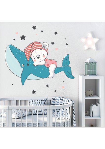 Balina Üzerinde Uyuyan Pembe Pijamalı Sevimli Ayıcık Yıldızlar ve Kalpler Çocuk Odası Duvar Sticker fiyatları