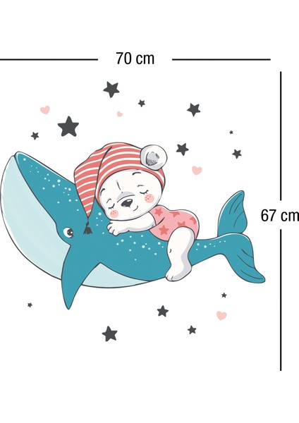 Balina Üzerinde Uyuyan Pembe Pijamalı Sevimli Ayıcık Yıldızlar ve Kalpler Çocuk Odası Duvar Sticker modelleri