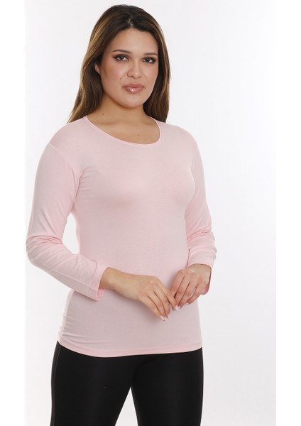 Büyük Beden Yuvarlak Yaka Uzun Kollu Viskon Pembe Body