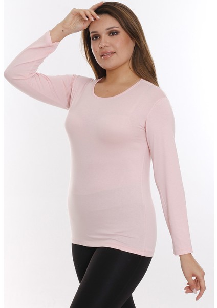 Büyük Beden Yuvarlak Yaka Uzun Kollu Viskon Pembe Body fiyatları