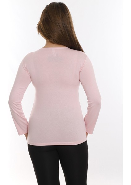 Büyük Beden Yuvarlak Yaka Uzun Kollu Viskon Pembe Body modelleri