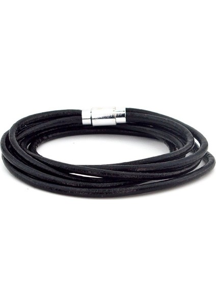 Siyah Renk Altı Sıra Sarma Deri Erkek Bileklik M003B