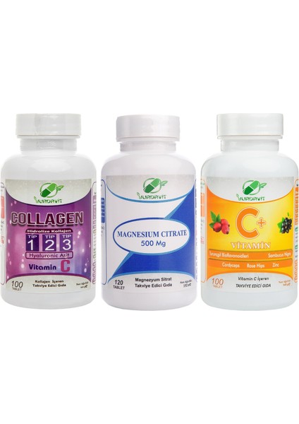 Collagen 900 Mg Tip 1-2-3 100 Tb Magnezyum Sitrat 500 Mg 120 Tb Vitamin C 1000 Mg 100 Tb