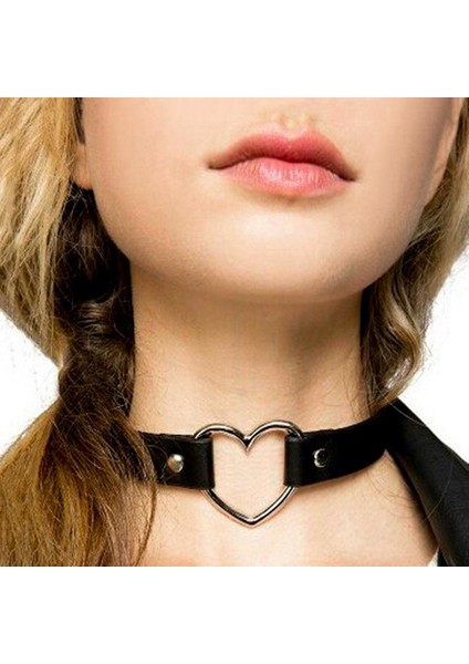 Siyah Deri Tasma Kalp 35 cm Choker Bayan Kolye Takı