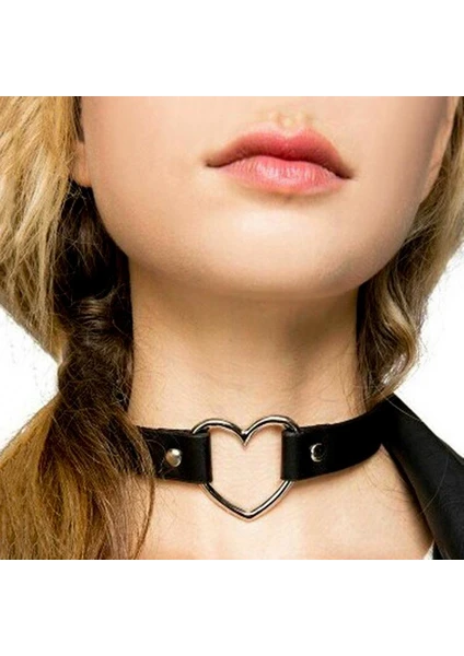 Alp Collection Siyah Deri Tasma Kalp 35 cm Choker Bayan Kolye Takı