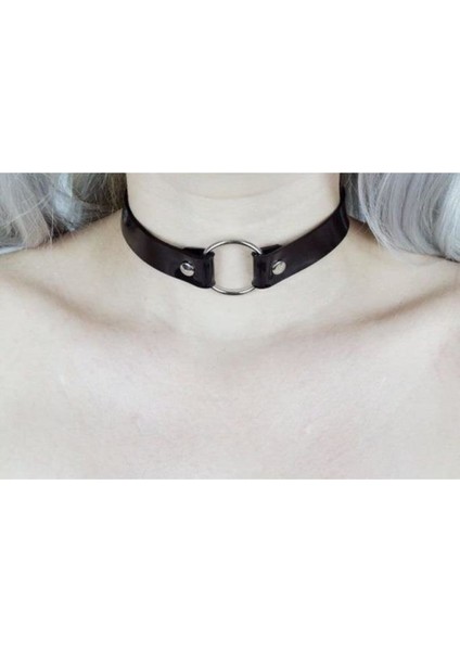 Siyah Deri Tasma Halka 35 cm Choker Bayan Kolye Takı