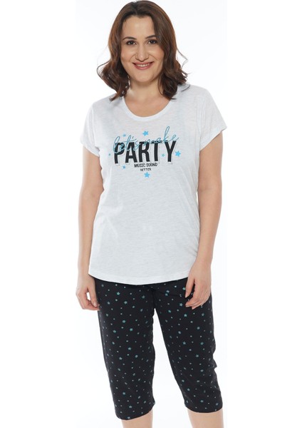 Pamuklu Büyük Beden Kısa Kol Kaprili Pijama Takım