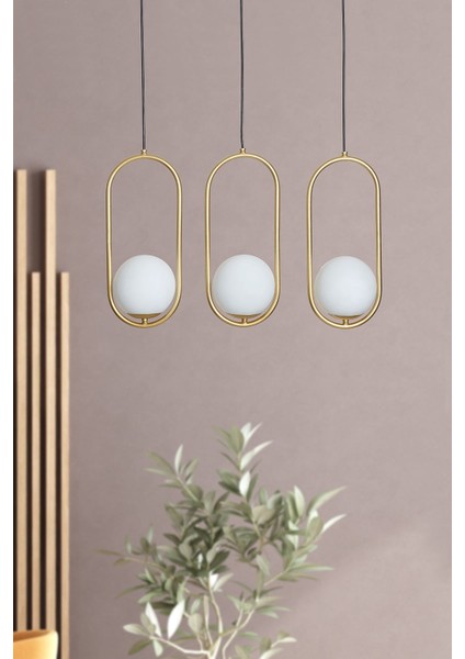 Zenga 3 Lü Sarı Metal Gövde Beyaz Camlı Tasarım Lüx Sıralı Avize