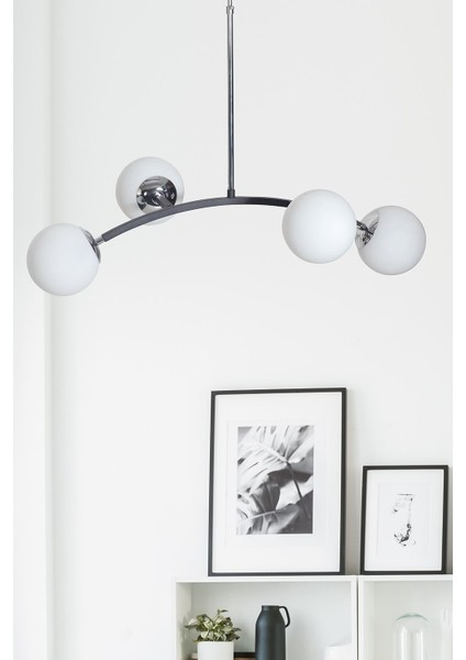 Vidi4 Lü Siyah-Krom Metal Gövde Beyaz Camlı Tasarım Lüx Avize