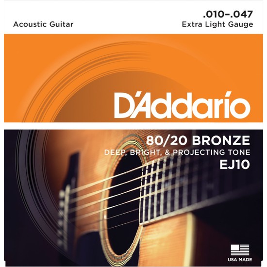 D'addario EJ10 80/20 Bronze Acoustic Guitar Strings, Extra Light Takım Tel Akustik Gitar Teli 010-047