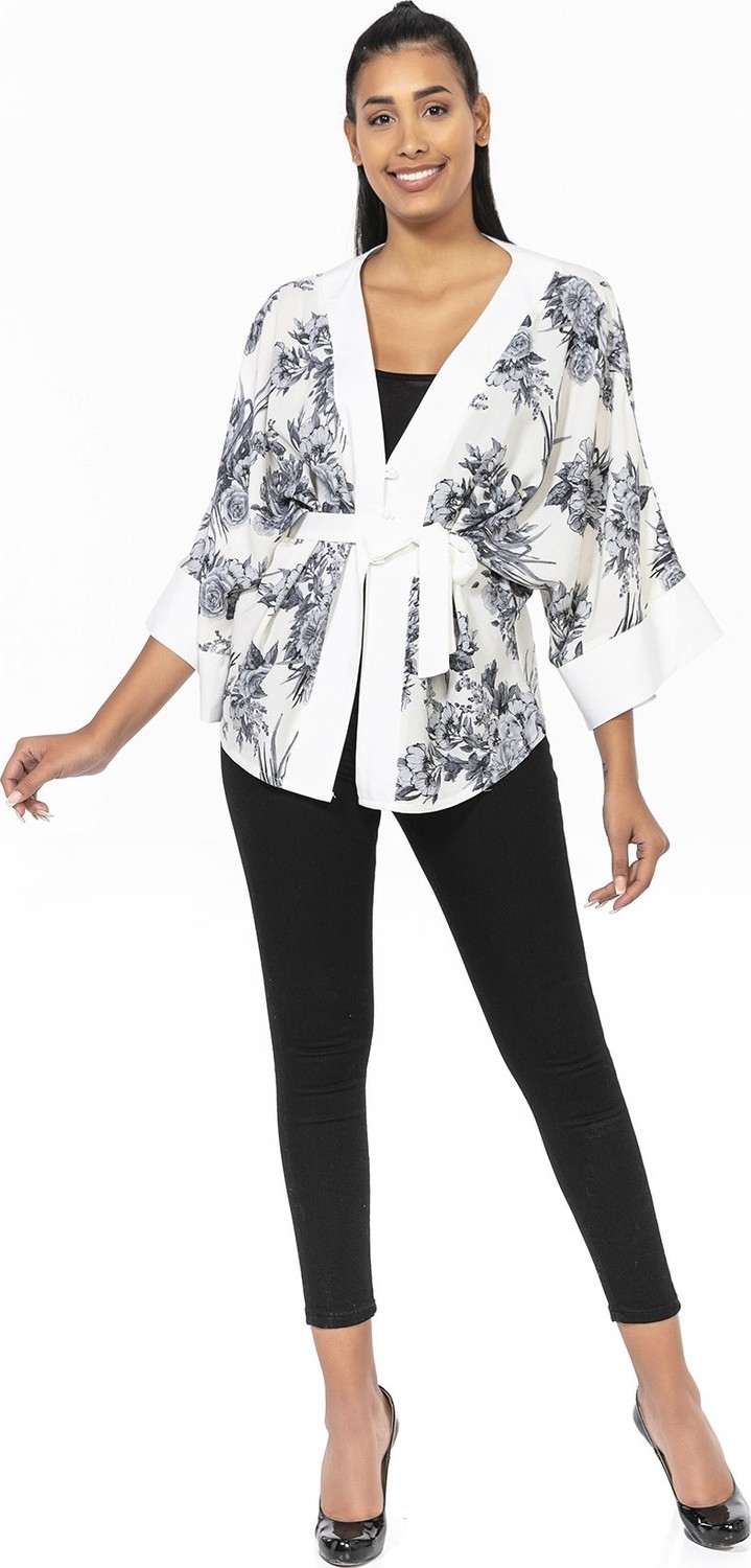 Disentis Modest Önden Bağlamalı ve Düğmeli Kolları Geniş Büyük Çiçekli Kırmızı Siyah Kimono görsel 6