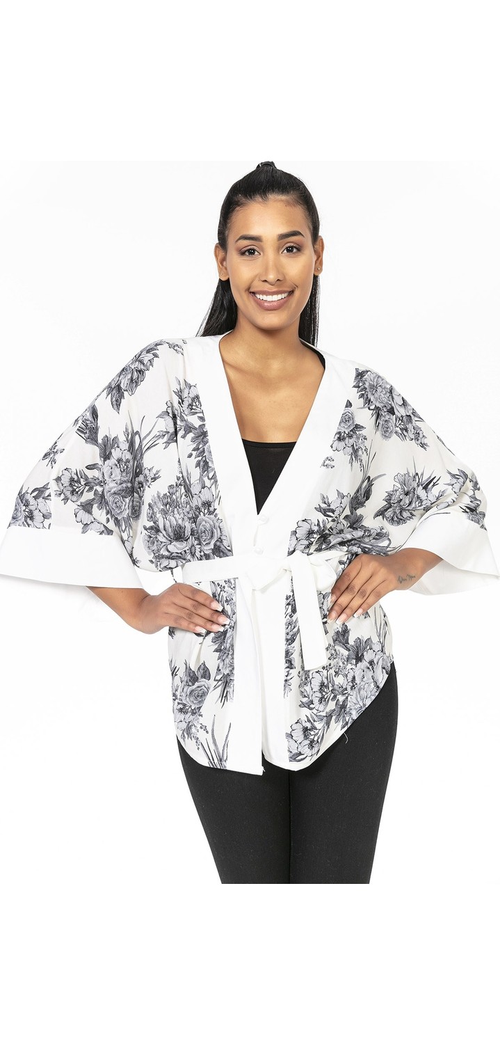 Disentis Modest Önden Bağlamalı ve Düğmeli Kolları Geniş Büyük Çiçekli Kırmızı Siyah Kimono görsel 7