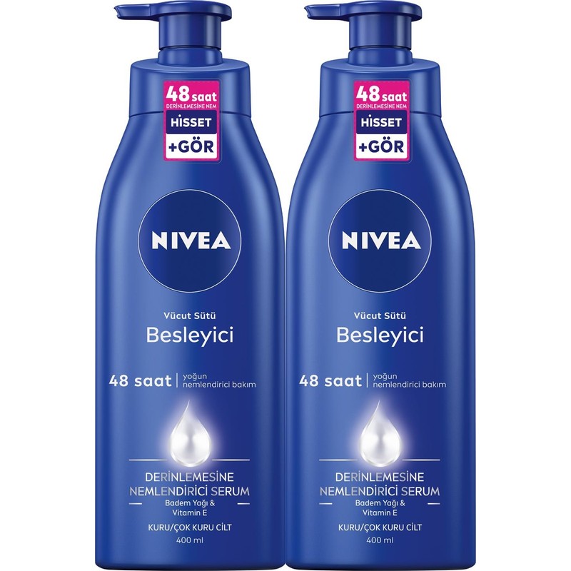 Nivea Besleyici Vücut Sütü 400 ml x2 Adet, Kuru Ve Çok Kuru Ciltler,48 Saat Nemlendirici Vücut Losyonu