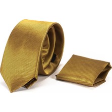 Yage 7 cm Gold Kendinden Desenli Mendilli Klasik Kravat