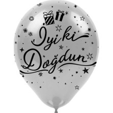 Kikajoy Siyah Iyi Ki Doğdun Baskılı Metalik Gümüş Balon 10 Adet
