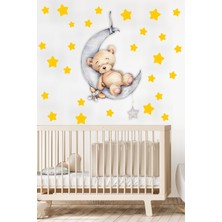 Msticker Ayda Uyuyan Sevimli Ayıcık ve Sarı Yıldızlar Çocuk Bebek Odası Sticker Seti