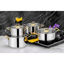 Özlife 8 Parça Hüma Cam Kapaklı Gold Detaylı Paslanmaz Çelik Tencere Çeyiz Seti