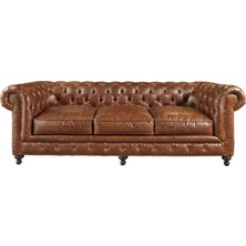Hanel Mobilya Klasik Chesterfield Chester Kanepe Kahve Suni Deri