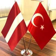 Fors Bayrak Letonya-Türkiye Masa Bayrağı Krom Direkli Ikili Bayrak