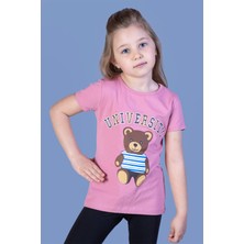 Toontoy Kids Toontoy Kız Çocuk Ayıcık ve Yazı Baskılı Taş Işlemeli Tişört