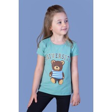 Toontoy Kids Toontoy Kız Çocuk Ayıcık ve Yazı Baskılı Taş Işlemeli Tişört