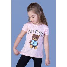 Toontoy Kids Toontoy Kız Çocuk Ayıcık ve Yazı Baskılı Taş Işlemeli Tişört