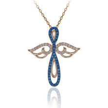 Turkuaz Beyaz Taşlı Kanatlı Sonsuzluk Haç Gümüş Kolye