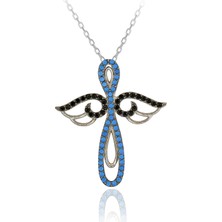 Turkuaz Siyah Taşlı Kanatlı Sonsuzluk Haç Gümüş Kolye