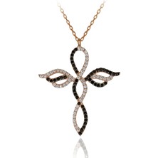 Siyah Beyaz Taşlı Es Li Haç Gümüş Kolye