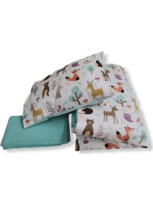 Bebek Özel Pamuk Bebek Yastık Çarşaf Yorgan Seti Doğa Desenli Mint Yeşili 60 x 120 cm