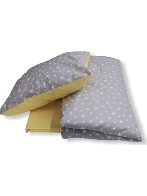 Bebek Özel %100 Pamuk Bebek/çocuk Yastık Çarşaf Yorgan Seti Gri Sarı 60 x 120 cm